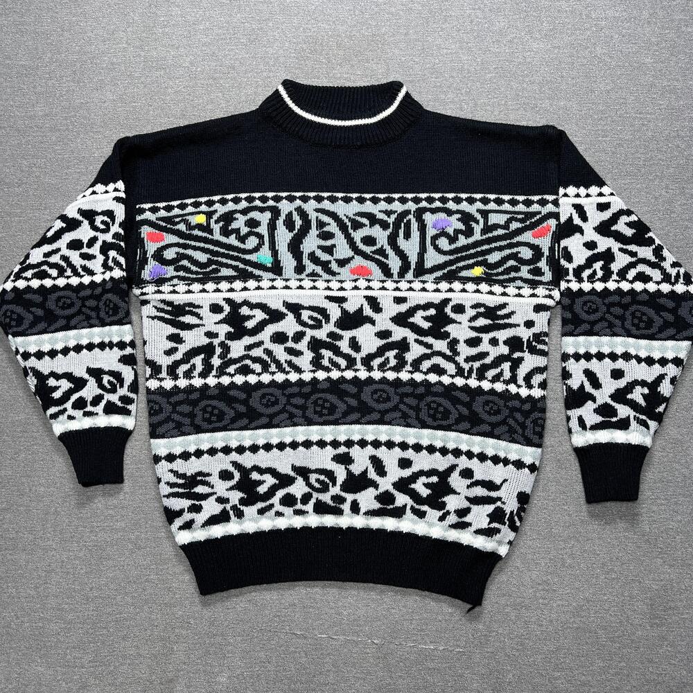 Vintage Back To Back Sweater Womens Large Black Retro Abstract Animal Print 90s